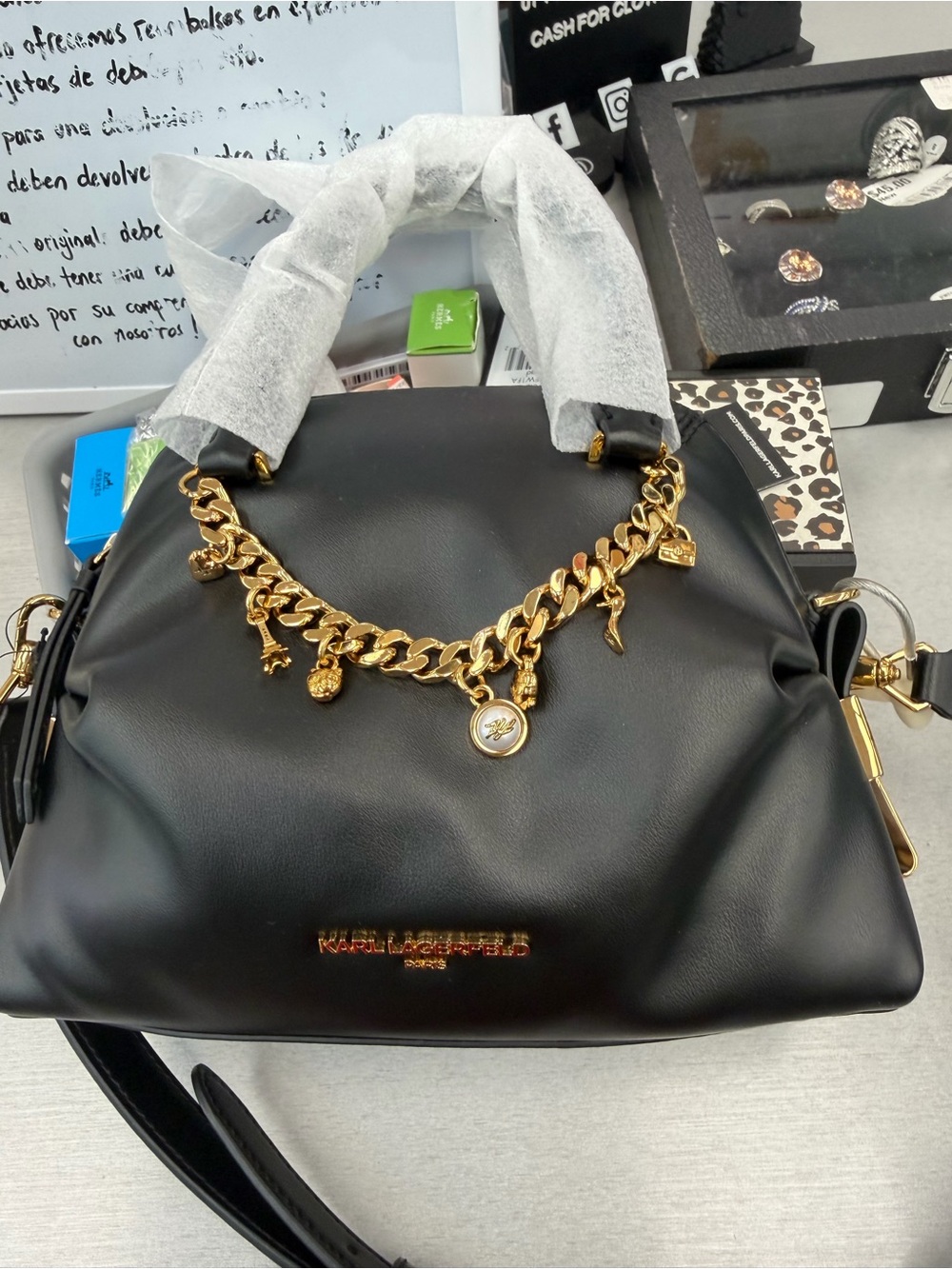 KARL LAGERFELD- Black Leather Satchel with Gold Charm Chain